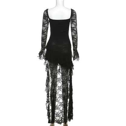 Goth Dark Fairycore Lace Flare Sleeve Square Neck A-line Dress Sweet E-girl Irregular Long Hem Dresses Cyber Y2K Party Vestido - Smarsty