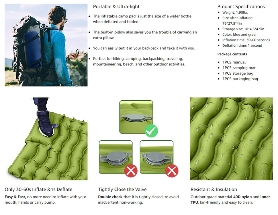 WESTTUNE Camping Sleeping Pad Ultralight Camping Mat with Pillow Built-in Foot Pump Inflatable Mattress for Backpacking Hiking