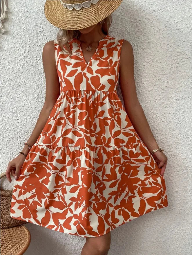Women Boho Print Mini Dress Summer Elegant Sleeveless V Neck Ruffle A Line Tank Dress Casual Loose Oversize Beach Party Sundress - Smarsty