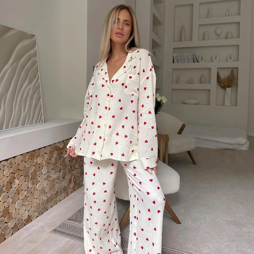 Summer New Love Heart Print Pyjama 100% Cotton Long Sleeve Set 2Pcs Outfit Lapel Sleepwear Button Down Women's Pajamas Nightwear - Smarsty