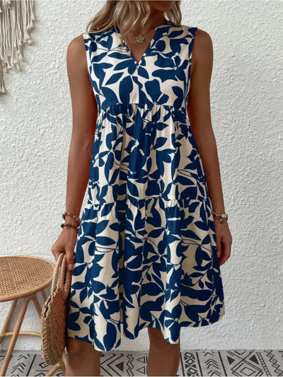 Women Boho Print Mini Dress Summer Elegant Sleeveless V Neck Ruffle A Line Tank Dress Casual Loose Oversize Beach Party Sundress - Smarsty