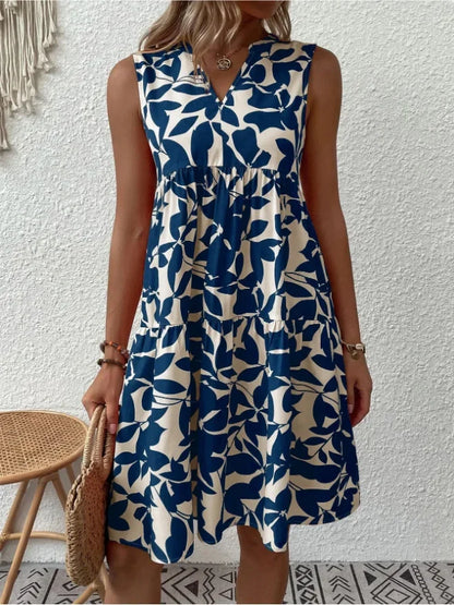 Women Boho Print Mini Dress Summer Elegant Sleeveless V Neck Ruffle A Line Tank Dress Casual Loose Oversize Beach Party Sundress - Smarsty