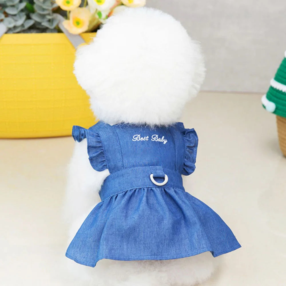 Cute Denim Dress for Small Dogs with Leash Ring - Smarsty
