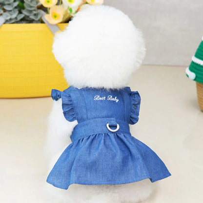 Cute Denim Dress for Small Dogs with Leash Ring - Smarsty
