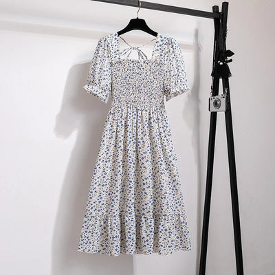 Spring Summer Chiffon Dresses Fashion Female Elastic Waist Short Sleeve Pleated Casual Dress Women A-line Dresses Vestidos - Smarsty