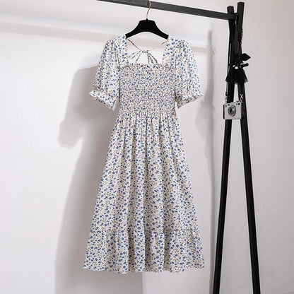 Spring Summer Chiffon Dresses Fashion Female Elastic Waist Short Sleeve Pleated Casual Dress Women A-line Dresses Vestidos - Smarsty