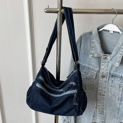 Vintage Denim Shoulder Bag Large Capacity Satchel For Women - Smarsty