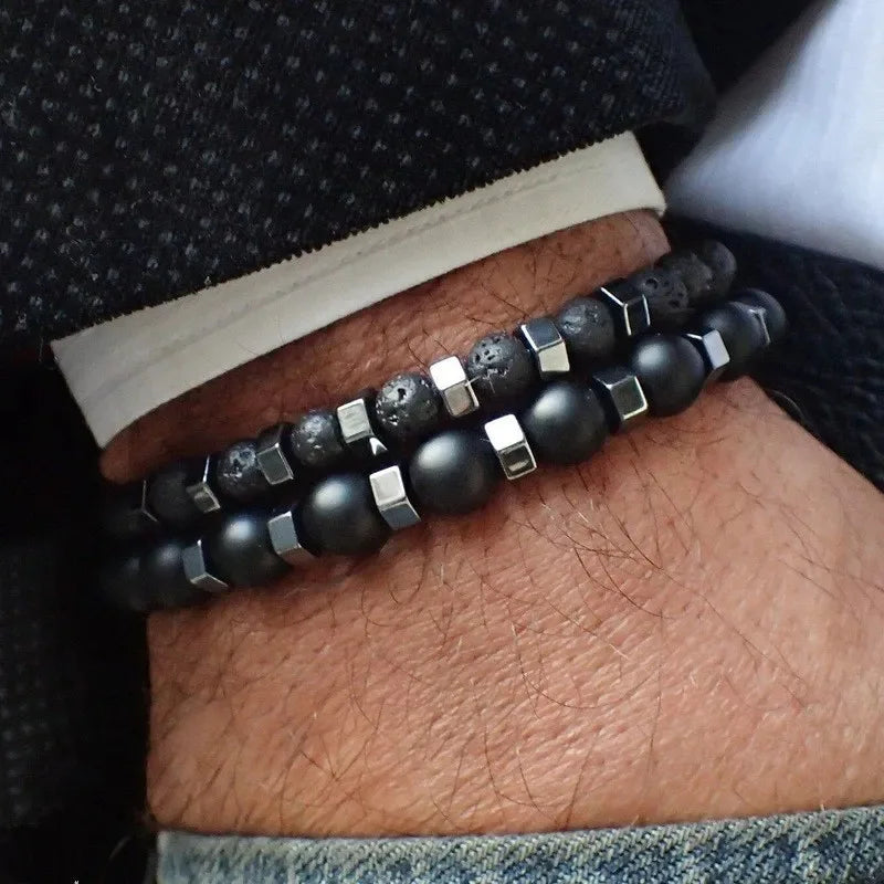 Frosted Black Volcanic Stone Men's Bracelet Set - Smarsty