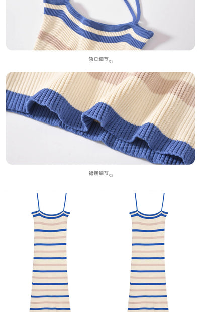 Elegant Camisole Dress for Women's Summer New Sleeveless Slim fit Knitted Striped Mid Length Dresses - Smarsty