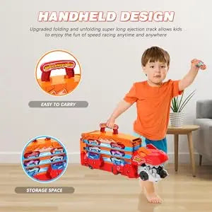 Dinosaur 3-In-1 Transport Truck Car Toys for Boys Age 3+ 8 Race Cars Ejection Folding Portable Track Toy with Sound for Kids