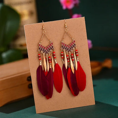 Bohemian Feather Dangle Earrings with Colorful Tassels - Smarsty