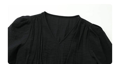 CHIC VEN Women Dresses French Style Vintage V-neck Puff Sleeve Long Dress Solid Black Loose Female Clothing Summer New 2023 - Smarsty
