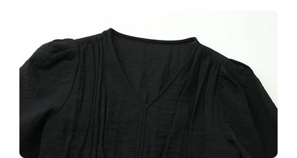 CHIC VEN Women Dresses French Style Vintage V-neck Puff Sleeve Long Dress Solid Black Loose Female Clothing Summer New 2023 - Smarsty