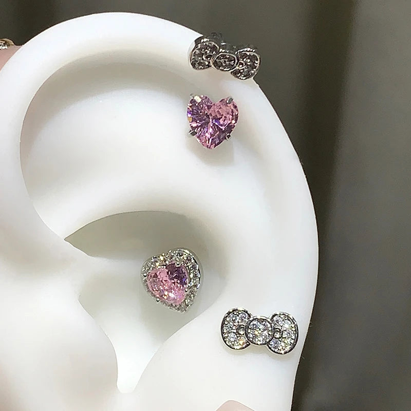 Stainless Steel Heart Bowknot Zircon Stud Earrings Cute - Smarsty