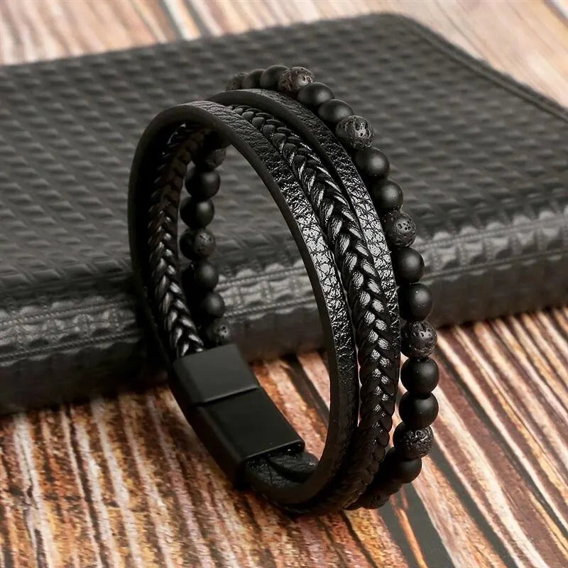 Men Leather Bracelet Multi Layer Tiger Eye Beaded Design - Smarsty