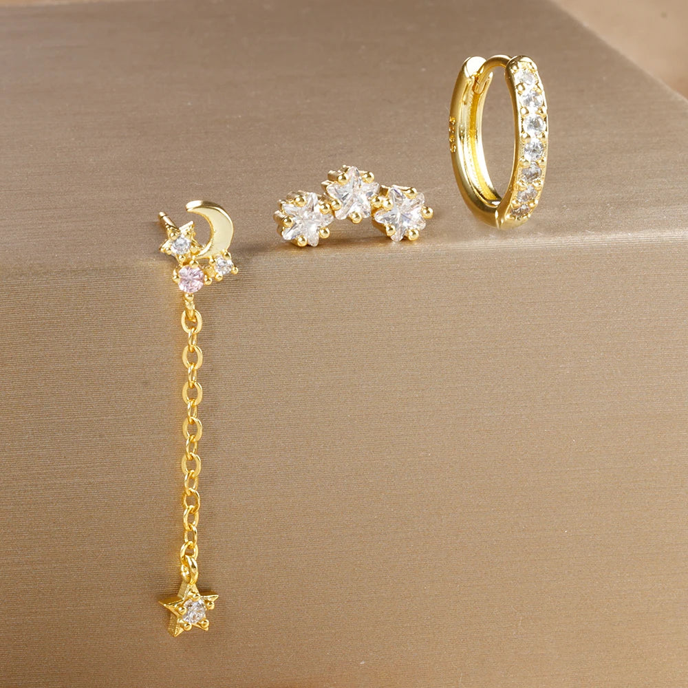 3Pc Stainless Steel Star Stud Earrings Sparkling Zircon - Smarsty