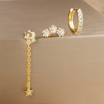 3Pc Stainless Steel Star Stud Earrings Sparkling Zircon - Smarsty