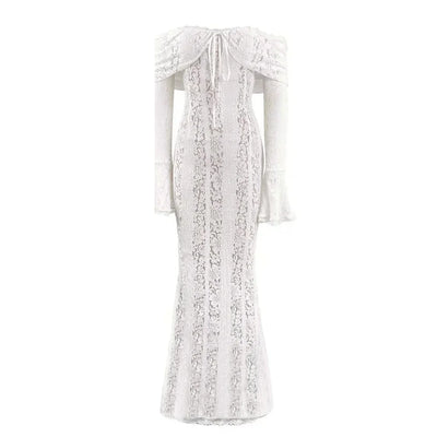 Suninheart White Off The Shoulder Autumn Bodycon Dress 2025 Long Sleeve Elegant Lace Maxi Dress Wedding Guest Dress for Women - Smarsty