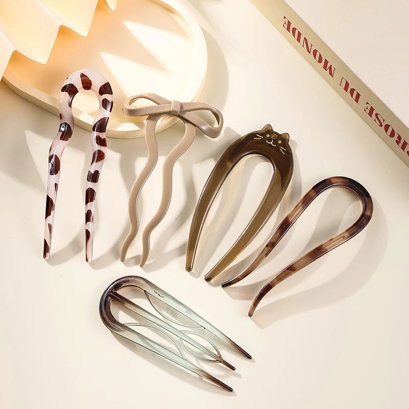 U-Shaped Hair Fork Fashion Tortoiseshell Acetate Acrylic Hairpin Geometric Headwear Hair Sticks Women Girls Hair Accessories - Smarsty