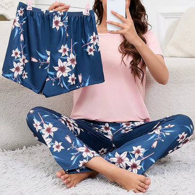 Women's Short Sleeve Crew Neck Top With Shorts And Pants 3 Piece Loungewear Sleepwear Lounge Sets Nighty Print Casual Pajama Set - Smarsty