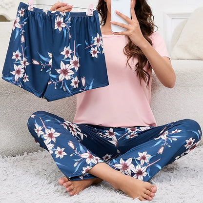 Women's Short Sleeve Crew Neck Top With Shorts And Pants 3 Piece Loungewear Sleepwear Lounge Sets Nighty Print Casual Pajama Set - Smarsty