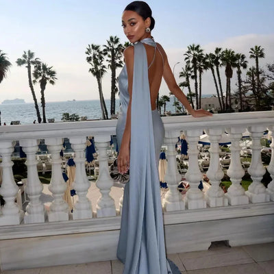 Elegant Women's Ribbon Long Satin Party Dress Halter Backless Sleeveless Female Dresses 2025 Summer Lady Solid Evening Gowns - Smarsty