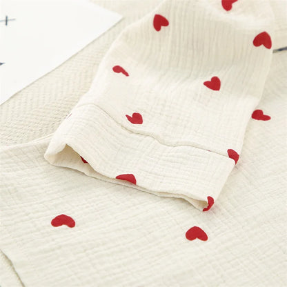 Summer New Love Heart Print Pyjama 100% Cotton Long Sleeve Set 2Pcs Outfit Lapel Sleepwear Button Down Women's Pajamas Nightwear - Smarsty