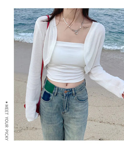 Short Ice Silk Knitted Sun Protection Cardigan Women's Thin Summer Suspender Skirt Layered Gauze Jacket Air-conditioned Cover Up - Smarsty
