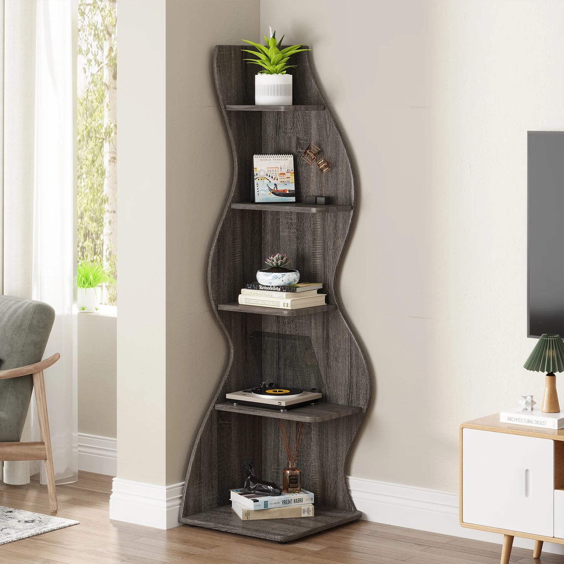 Tribesigns Corner Shelf, Modern 5-Tier Wall Corner Bookshelf, Stylish Corner Small Bookcase Storage Rack Plant Stand