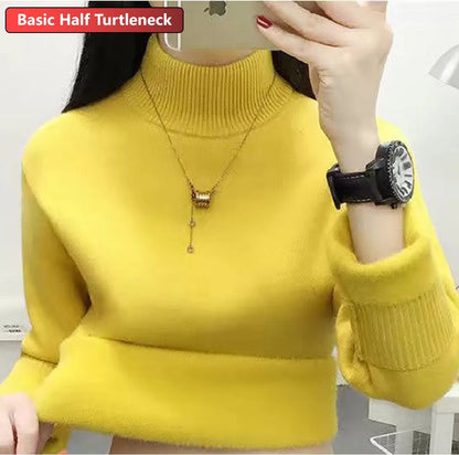 Turtleneck Winter Sweater Women Elegant Thicken Velvet Lined Warm Sueter Knitted Pullover Slim Tops Jersey Knitwear Jumper New - Smarsty