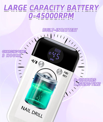 45000RPM Portable Nail Drill Machine for Low Noise Manicure - Smarsty