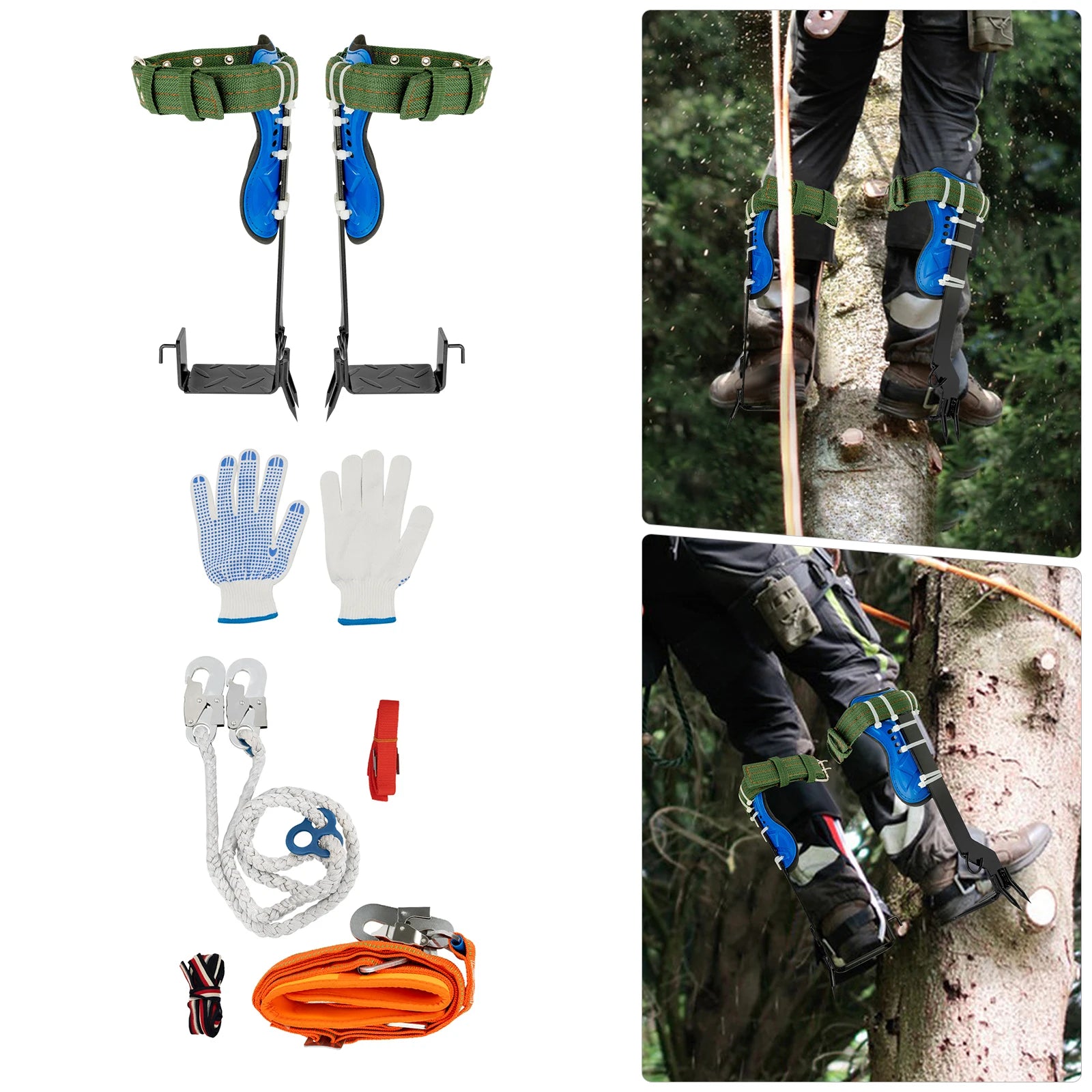 Tree Climbing Tools with Safety Belt 2M Rope 45# Steel Wide Foot Pedal Comfortable Kit for Fruit Picking, Jungle Survival, Black