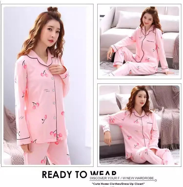 Women's Pajamas Set V-Neck Button down Top and Trousers Sleepwear Homewear Casual Nightwear Loungewear Autumn Winter Two-Piece - Smarsty