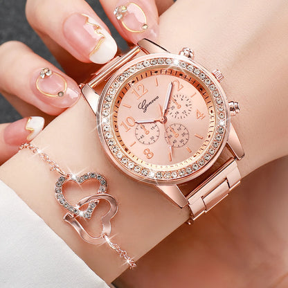 6PCS Women's Rhinestone Quartz Watch Set with Stainless Steel Band - Smarsty