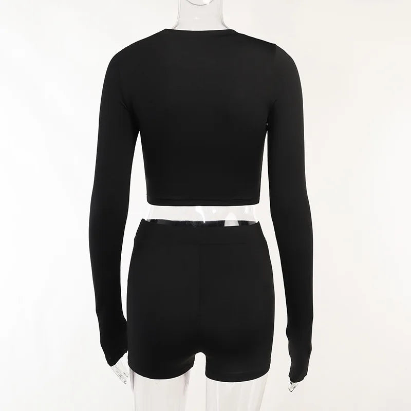 European and American Spring/Summer Round Neck Long Short sleeved 3/4 Shorts Two piece Women's Fashion Sports Versatile Set - Smarsty