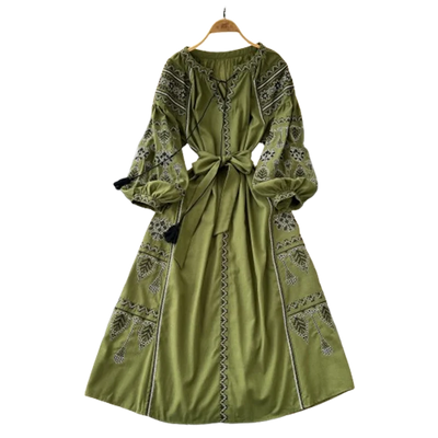 Bohemian Retro Ethnic Style Dress Women's New Spring Autumn Embroidered Lace Up Lantern Sleeves Waist Cinching Long Dress A155 - Smarsty
