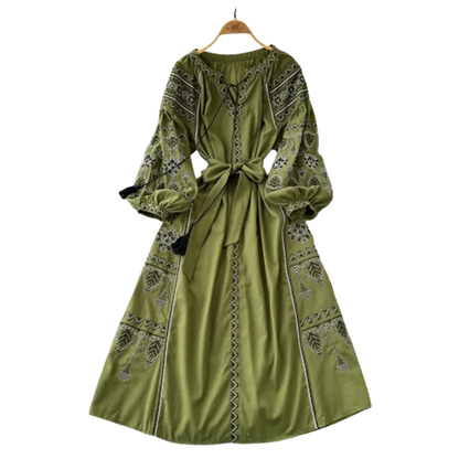 Bohemian Retro Ethnic Style Dress Women's New Spring Autumn Embroidered Lace Up Lantern Sleeves Waist Cinching Long Dress A155 - Smarsty