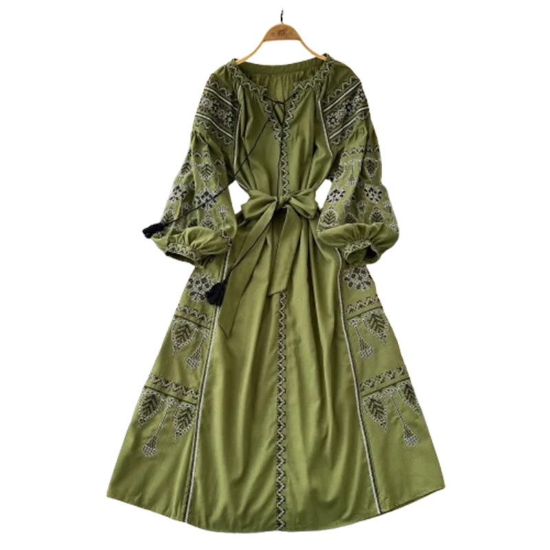 Bohemian Retro Ethnic Style Dress Women's New Spring Autumn Embroidered Lace Up Lantern Sleeves Waist Cinching Long Dress A155 - Smarsty