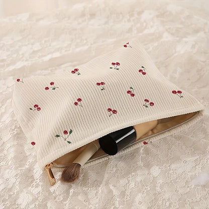 Cherry Print Corduroy Makeup Bag With Lightweight Zipper - Smarsty