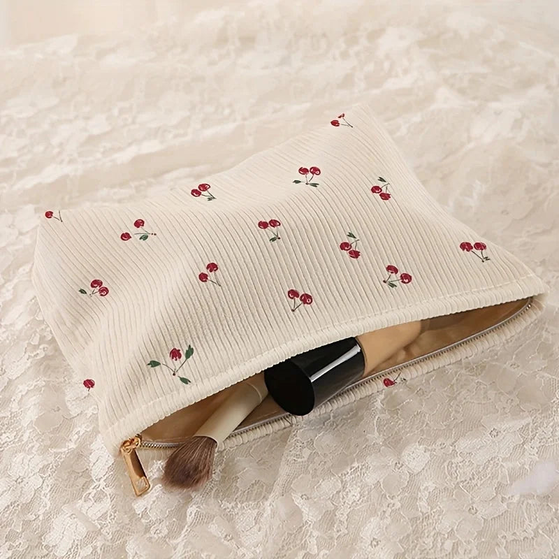 Cherry Print Corduroy Makeup Bag With Lightweight Zipper - Smarsty