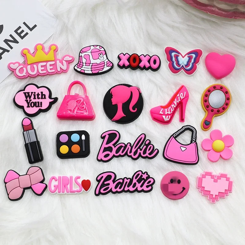 MINISO 20P Cute Cartoon PVC Pink Fashion Barbie Shoe Flowers DIY Hole Shoes Sandals Charm Shoes Accessories Party Festival Gifts