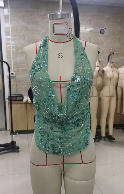 Sexy Deep V Neck Beach Tank Tops Women y2k Coquette Summer Sequins Patchwork Sleeveless Vest Vacation Backless Beach Tops - Smarsty
