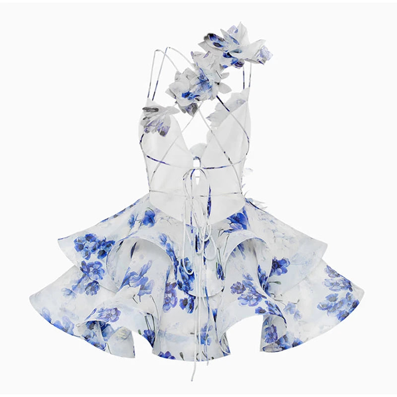 Backless Party Dress Women Elegant 3D Flower Print Sling Lace Up Ruffle A-line Mini Evening Dresses Female 2025 Summer Swimwears - Smarsty