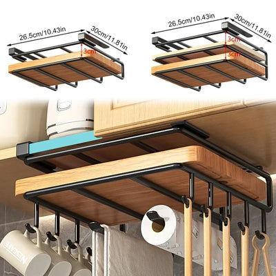 Kitchen Hanging Organizer Rack with Hooks Under Cupboard Paper Towel Rags Hanger Cutting Board Pot Cover Holder Storage Shelf by Smarsty