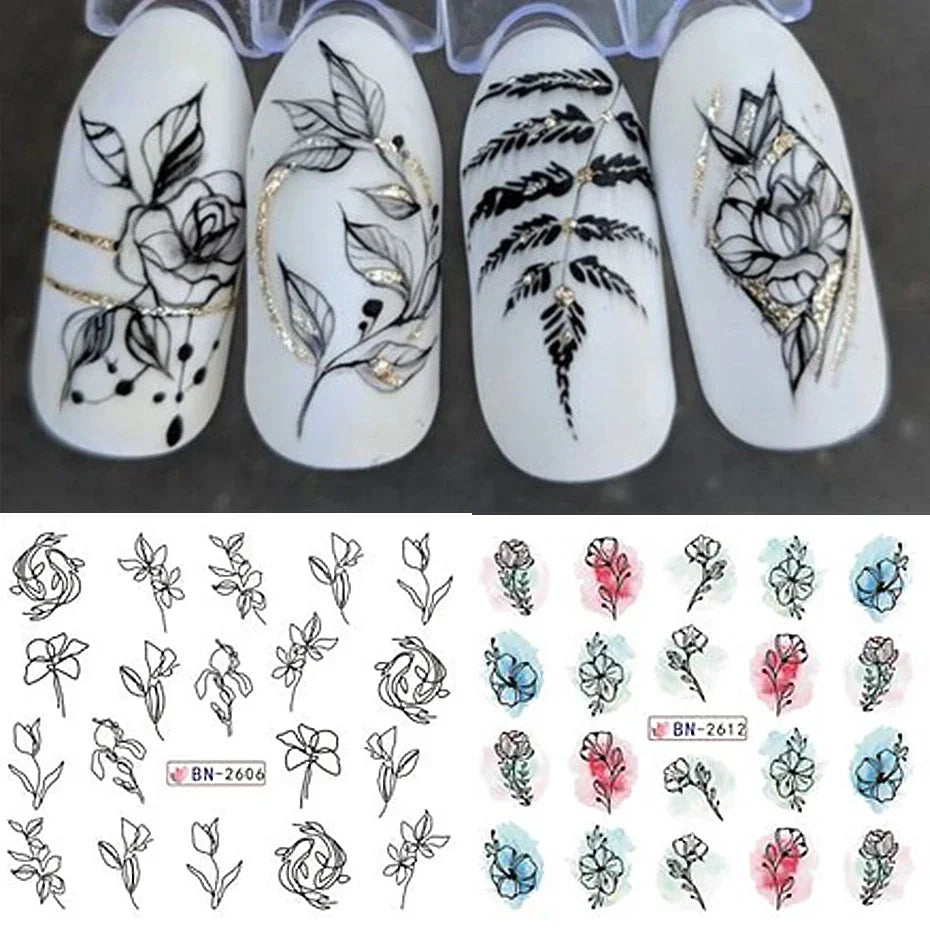 12 Pcs Summer Ink Flowers Nail Art Stickers - Smarsty