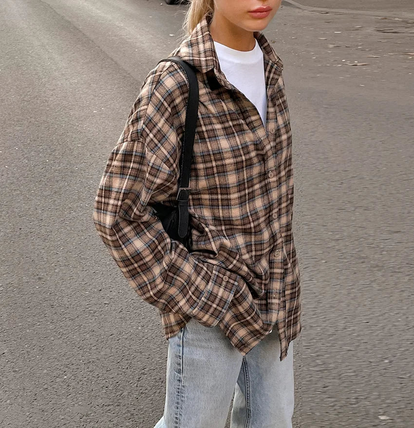 Spring Autumn Vintage Plaid Checkered Shirt Women's Long Sleeve Blouse Loose Single Breasted Casual Shirt - Smarsty