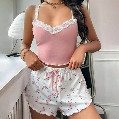 Women Pajama Set Lace Patchwork V-Neck Sleepwear Sexy Nighties Suit Camisole Top Printed Shorts Soft Pyjamas Loungewear - Smarsty
