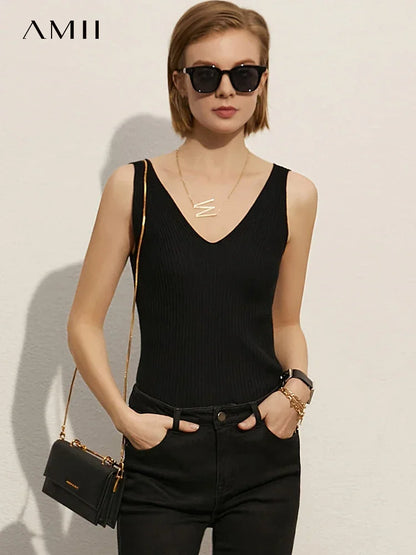 Amii Minimalism Summer New Women's Camisole Tops Office Lady Solid V-neck Sexy Slim Vest Girls Tank Streetwear Tops 12321058