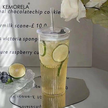 600ML Eco-Friendly Stripe Glass Cup with Lid and Straw - Smarsty