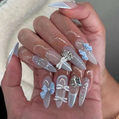 24 Piece Pink Almond Fake Nail Set With Bowknot Design - Smarsty